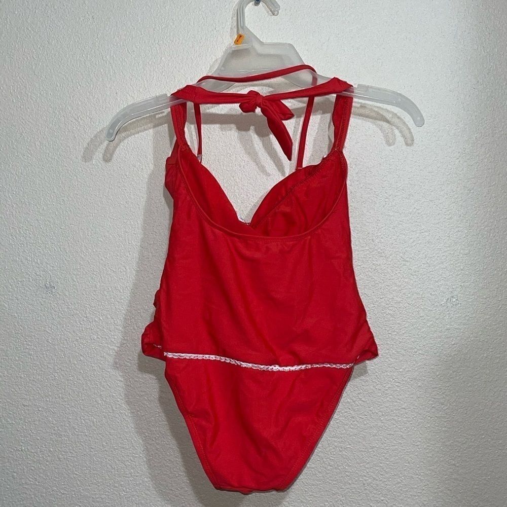 🎆 VM Ruched Lace Halter Red One Piece Swimsuit - Picture 4 of 7